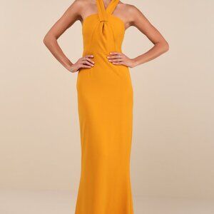 Lulus Mesmerizing Perfection Yellow Halter Neck Backless Maxi Dress - Size S